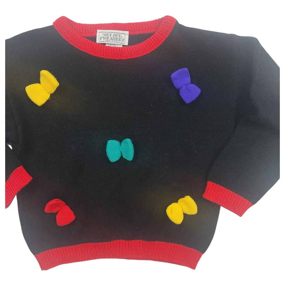 Jet Set Sweaters Kids 4/5 Vintage Bow Sweater Black Colorblock USA Made 90s
